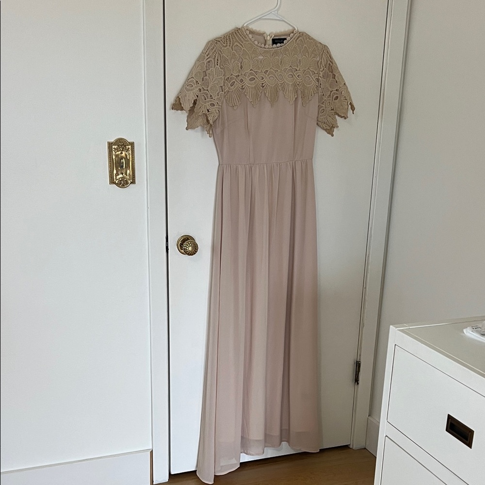 Roolee Elegant Lace Trim Beige Dress
